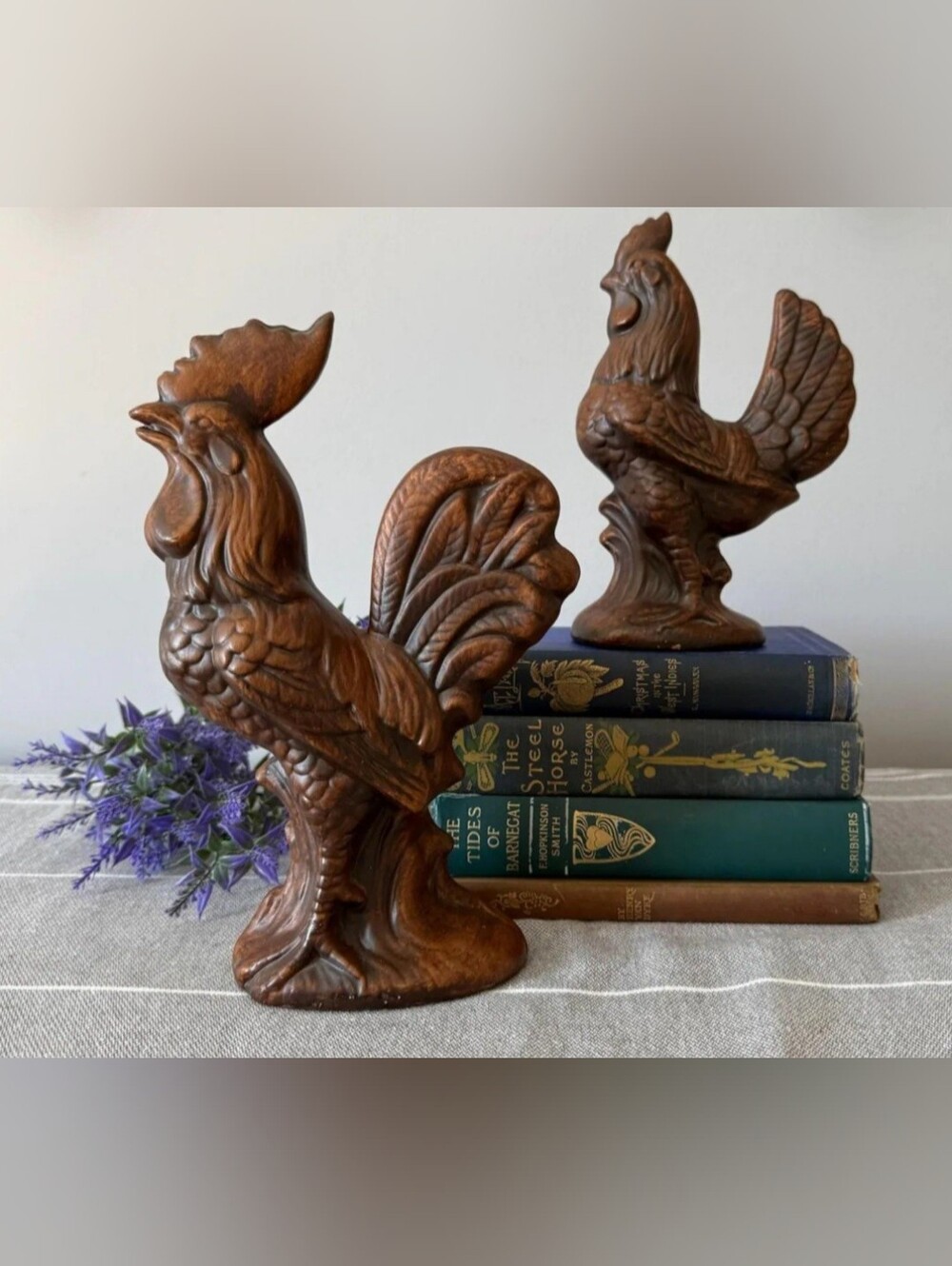 Vintage Ceramic Brown Faux Wood Tone Rooster and Hen Figures